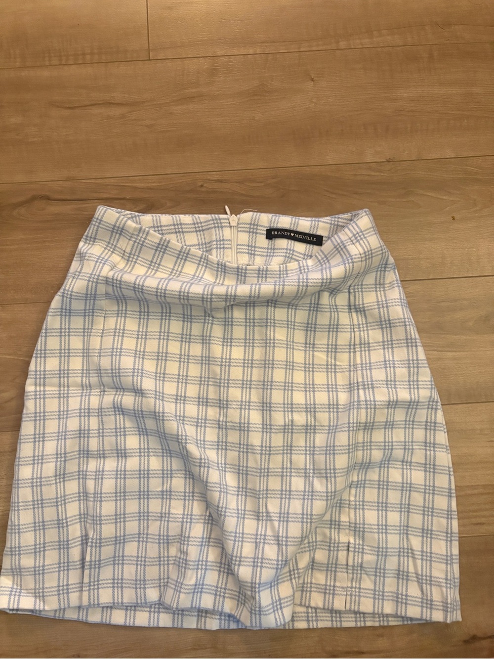 Brandy Melville White and Light Blue Plaid Mini Skirt